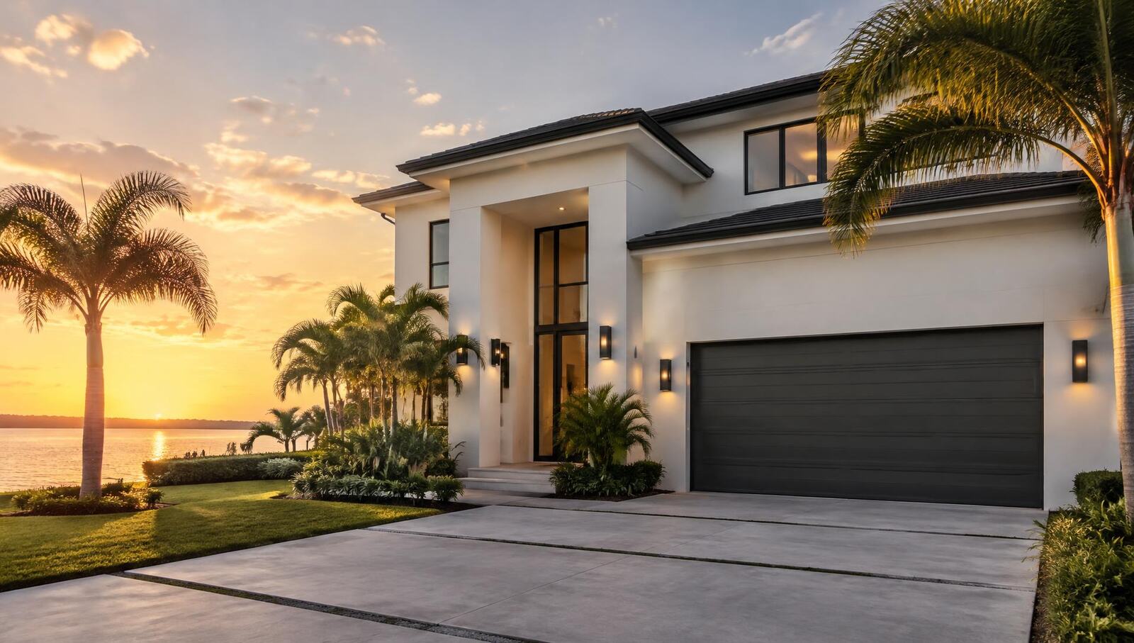 Modern Florida home with a charcoal two-car garage door at sunset